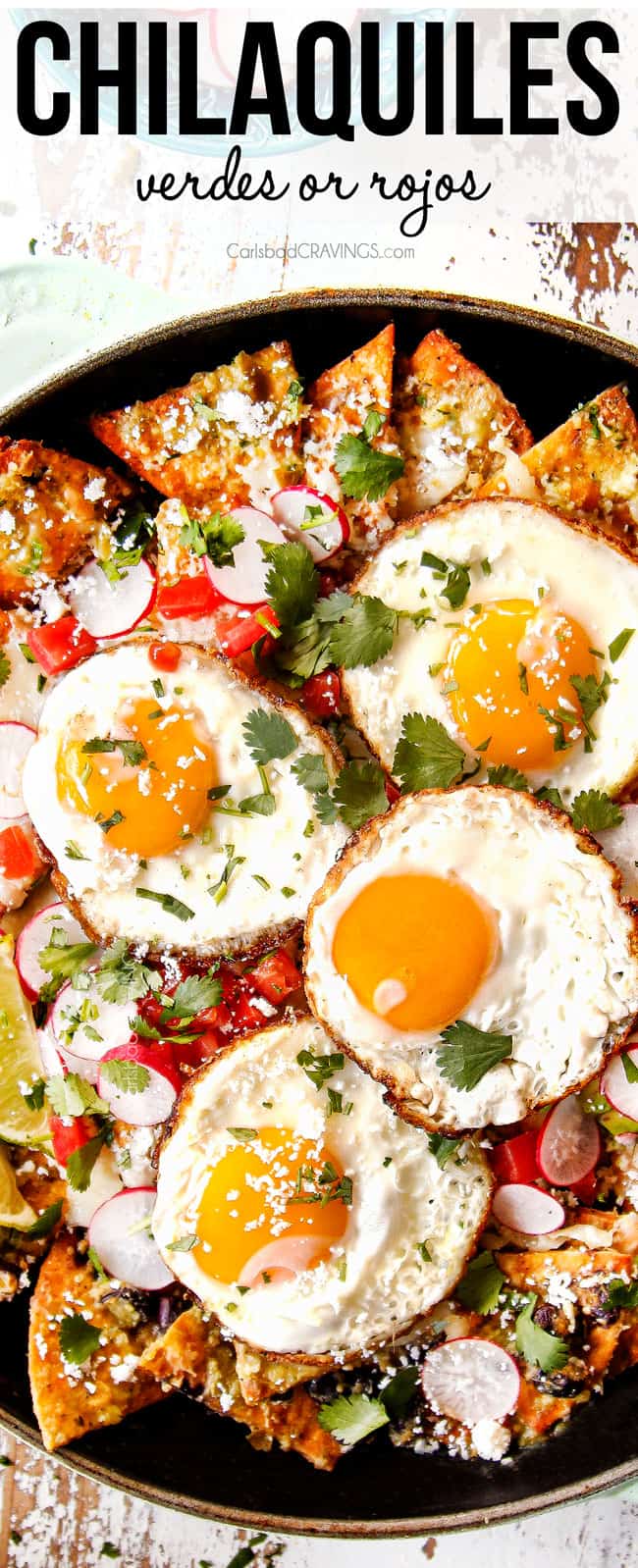 top view of adding 4 eggs to a skillet to make Chilaquiles with Fried Eggs 