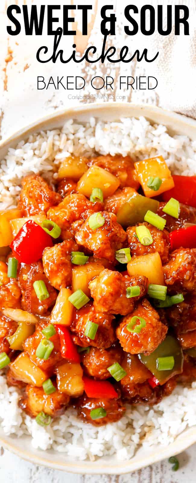 top view showing how to serve Chinese Sweet and Sour Chicken by adding to rice
