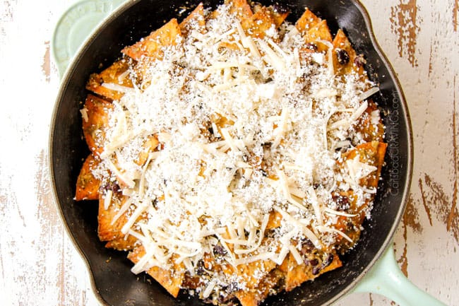 showing how to make Chilaquiles recipe by adding queso fresco and baking