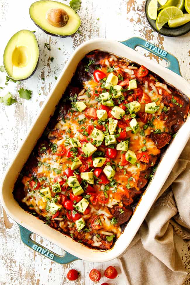 showing how to serve easy beef enchiladas by setting out avocados and limes