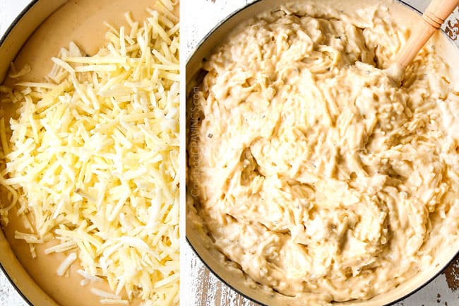showing how to make cheesy hashbrown casserole recipe by stirring in hashbrowns until combined