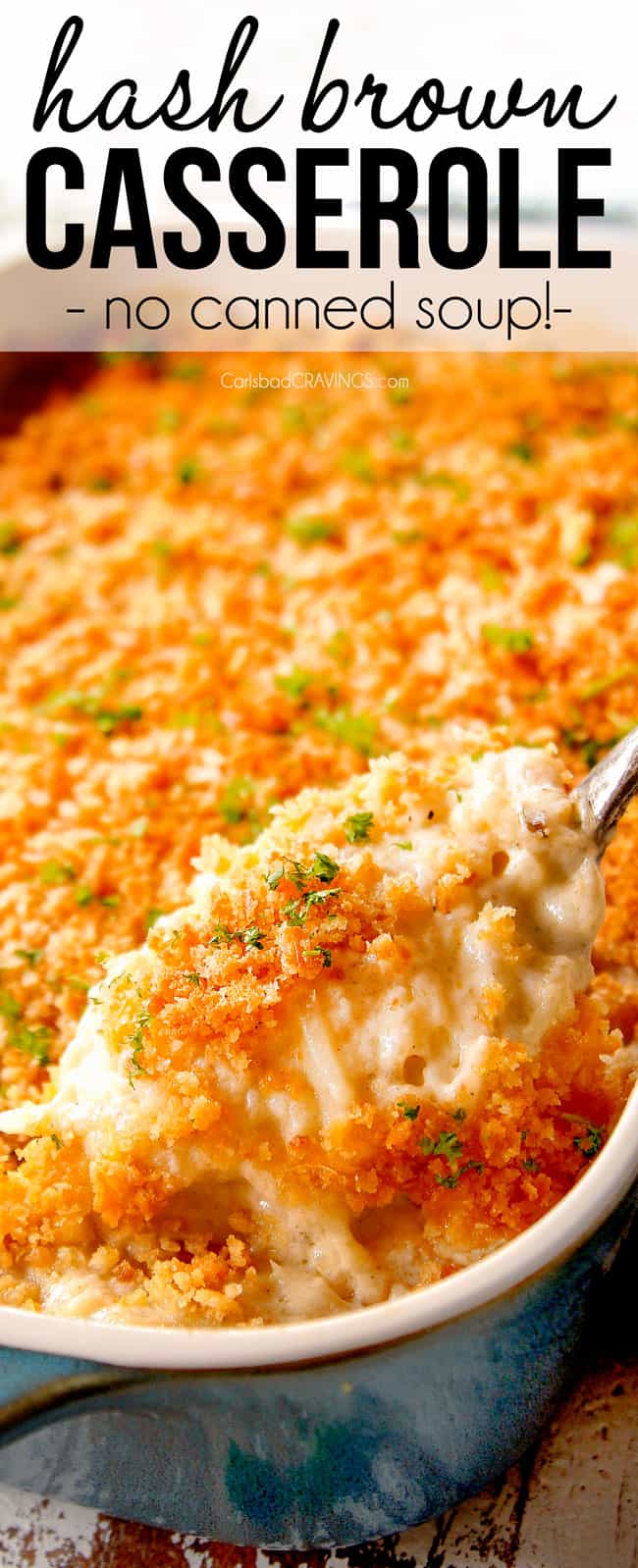 showing how cheesy the hash brown casserole recipe is by scooping up a spoonful