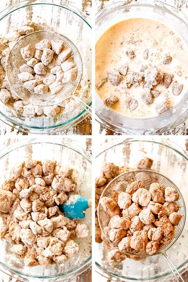 a collage showing how to make  Popcorn Chicken by dredging in flour, soaking  in buttermilk,  transferring back to flour breading then scooping up with a strainer and shaking of excess breading