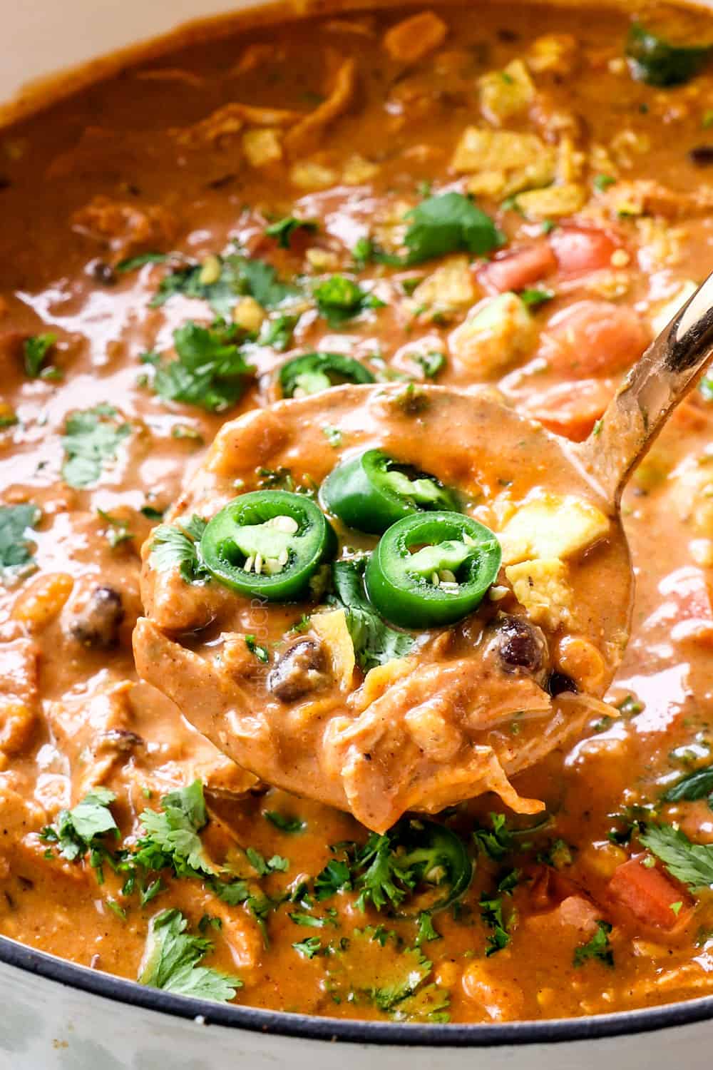 up close of scooping chicken enchilada soup showing how creamy it is