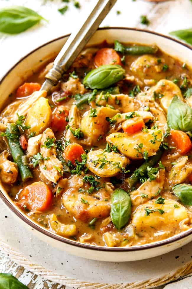 showing how to garnish chicken stew recipe with a bowl of stew garnished with fresh parsley and basil