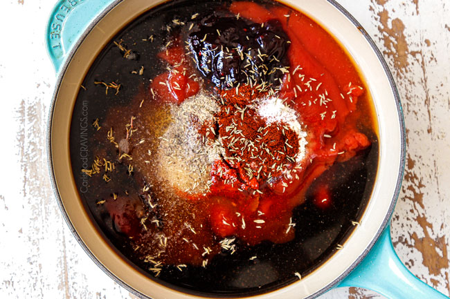 showing how to make homemade BBQ sauce by adding ketchup, brown sugar, molasses, apple cider vinegar and spices to a teal saucepan