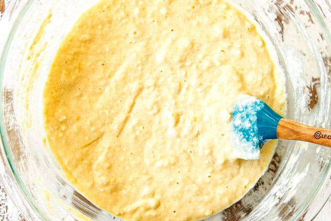 how to make lemon ricotta pancakes by stirring ingredients together in a glass bowl