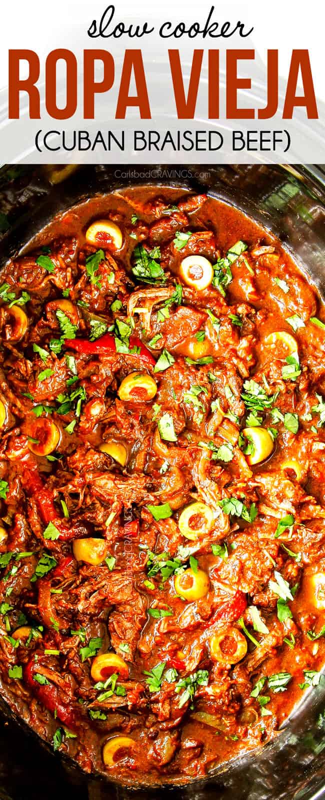 showing how to make Cuban Ropa Vieja by adding Spanish olives to the crockpot