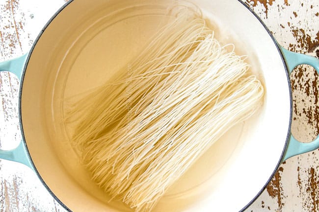 showing how to cook rice noodles by soaking in hot water