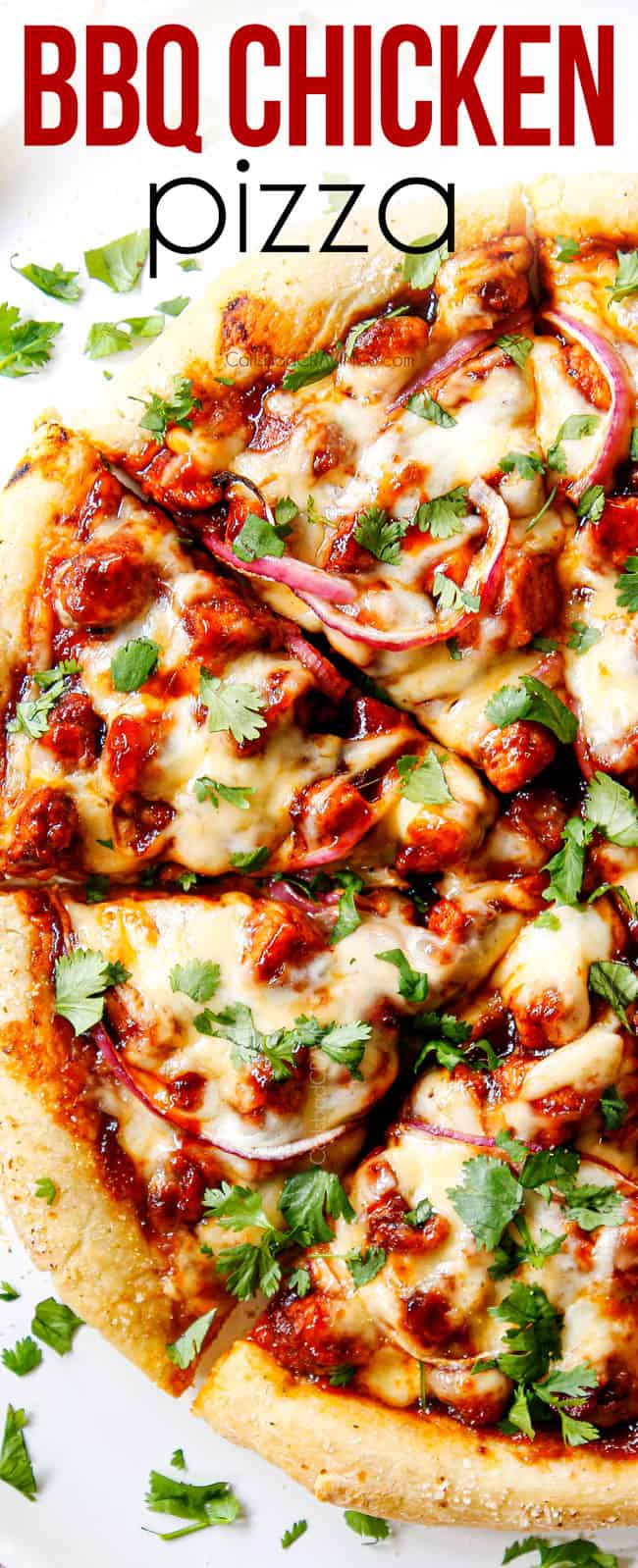 top view of BBQ Chicken Pizza with BBQ chicken pizza, red onions and cilantro sliced 