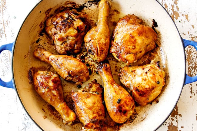 showing how to make Chicken Adobo recipe by searing chicken thighs and drumsticks in a braiser