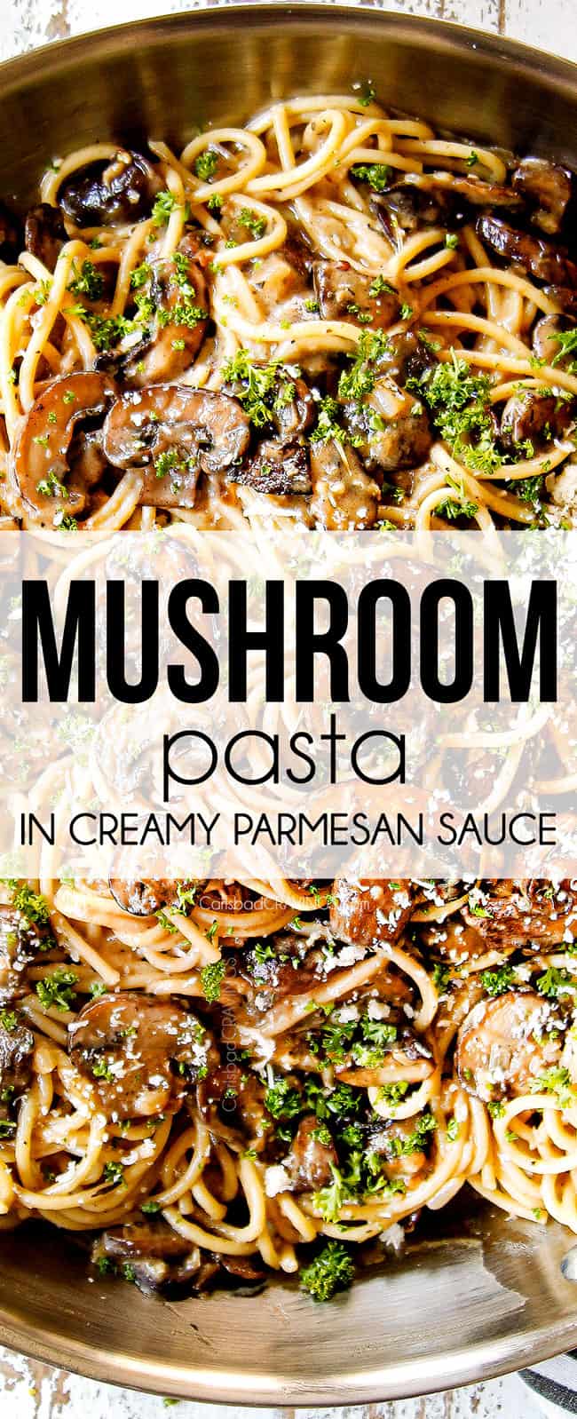 top view of Mushroom Pasta in a stainless steel skillet garnished with fresh parsley