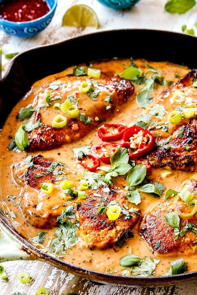 up close side view of a coconut milk chicken fillet in creamy coconut milk sauce garnished with red chilies, basil and cilantro