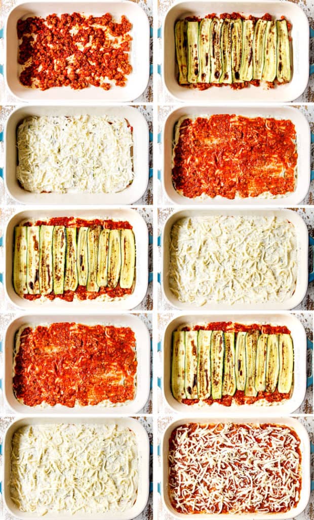 a detailed collage showing how to layer zucchini lasagna:  Bolognese, zucchini,  ricotta filling, mozzarella cheese and repeating three times