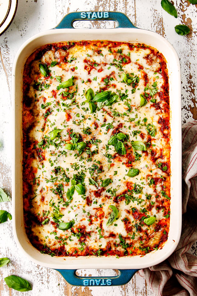 showing how to make zucchini lasagna by letting the casserole rest before slicing