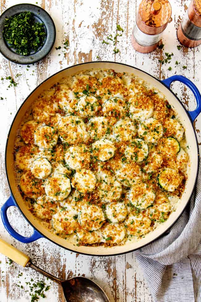 top view of zucchini casserole recipe with sour cream and bread crumbs