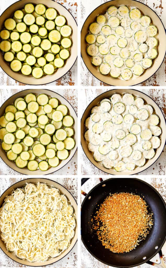 showing how to make zucchini casserole recipe with a collage showing how to layer zucchini, cream sauce and cheese and topping with pankoby
