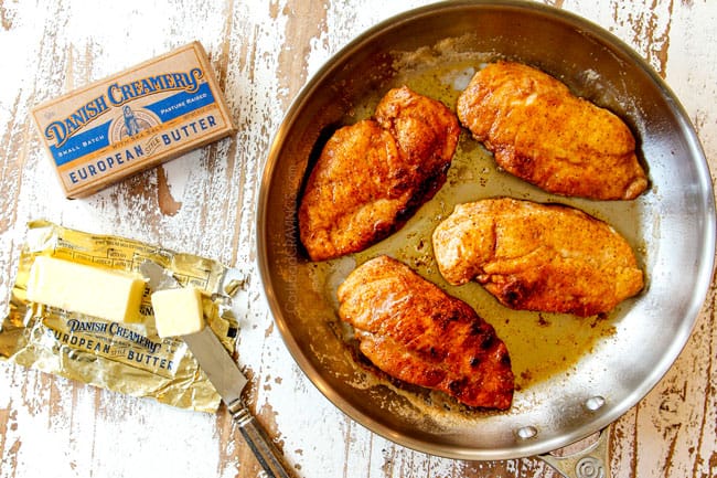 showing how to make Chicken Florentine recipe by searing chicken until golden