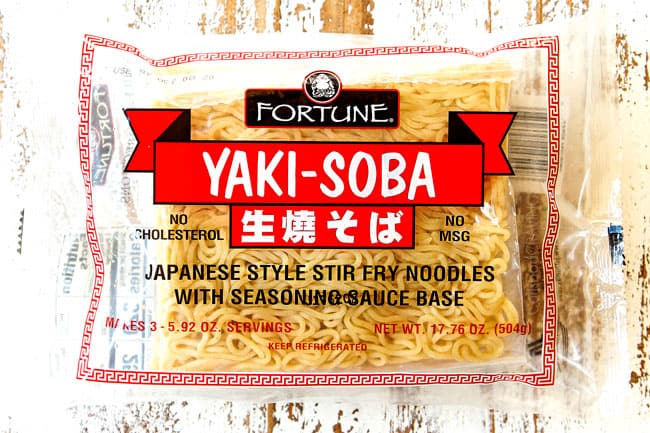 top view of yakisoba noodles in a package showing which noodles to purchase 