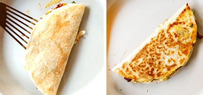 a collage showing how to make breakfast quesadilla recipe by turning quesadilla over with a spatula then showing crispy cooked tortilla 