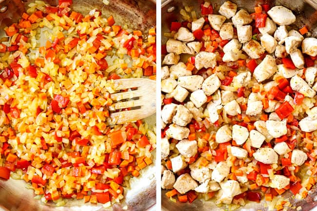 a collage showing how to make chicken broccoli cheese rice casserole by sautéing onions and bell peppers and the adding the chicken and cooking until opaque