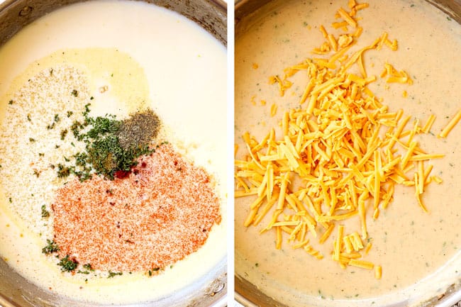 a collage showing how to make chicken broccoli cheese rice casserole by adding chicken broth,  milk and seasonings to a skillet and simmering until thickened and then adding grated cheddar cheese