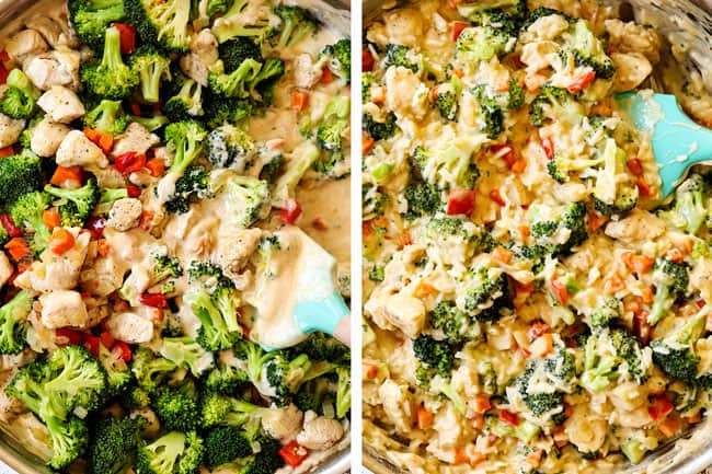 a collage showing how to make chicken broccoli and rice casserole by adding cheese sauce to  chicken and broccoli mixture and then folding in rice