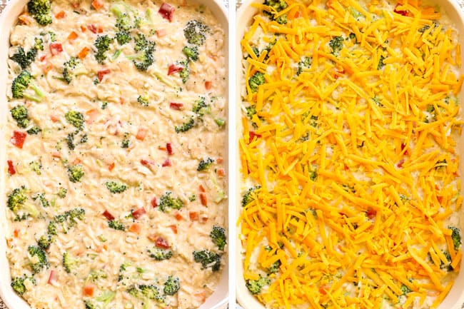 showing how to make chicken broccoli rice casserole by layering chicken broccoli and sauce in a 9x13 baking dish h and topping with cheese