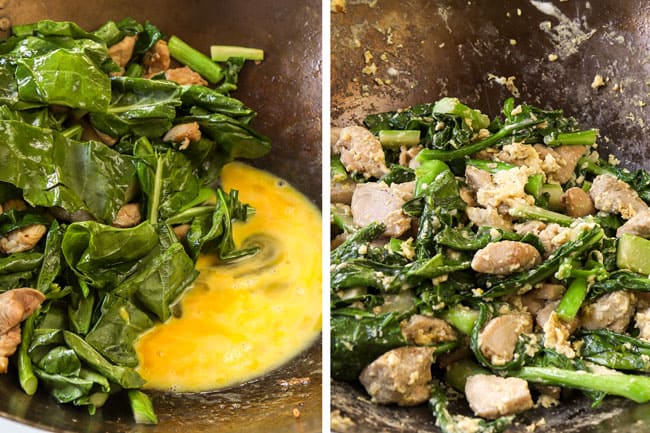 a collage showing how to make pad see ew recipe by adding whisked eggs to a wok and then scrambling and combining with chicken and Chinese broccoli