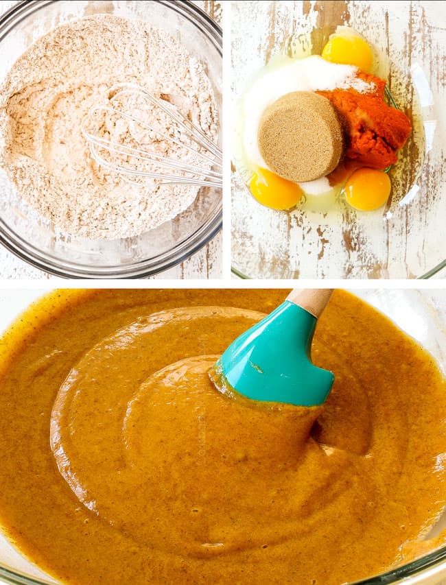 a collage showing how to make a pumpkin roll by whisking dry ingredients together, beating wet ingredients together, then folding together in a glass bowl
