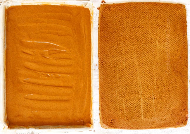 a collage showing how to make a pumpkin roll by pouring batter into a jelly roll pan and baking