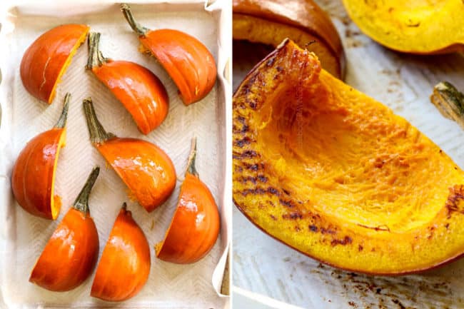 a collage showing how to make pumpkin soup by adding pumpkin cut side down on a baking sheet and roasting until soft and caramelized