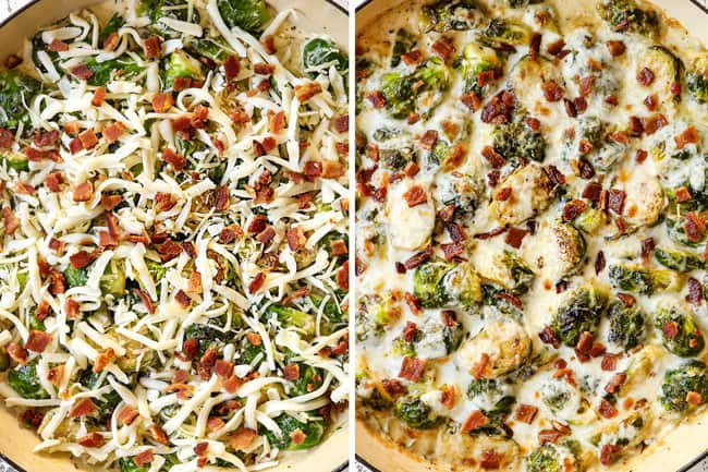 a collage showing how to make creamy Brussel sprouts with bacon by topping the Brussels sprouts with mozzarella and Gruyere cheese and crumbled bacon and baking until melted