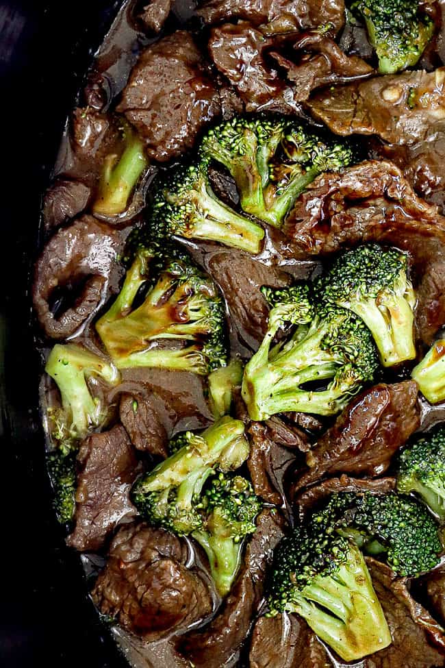 top view of crockpot beef and broccoli recipe in the slow cooker showing how thick the sauce is