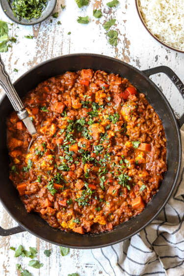 Lentil Curry with Sweet Potatoes and Caulifower (How to Make Ahead, Freeze)