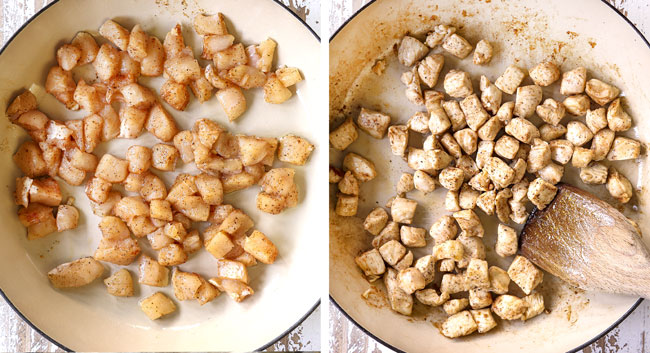 a collage showing how to make chicken pot pie with biscuits by sautéing chicken until browned
