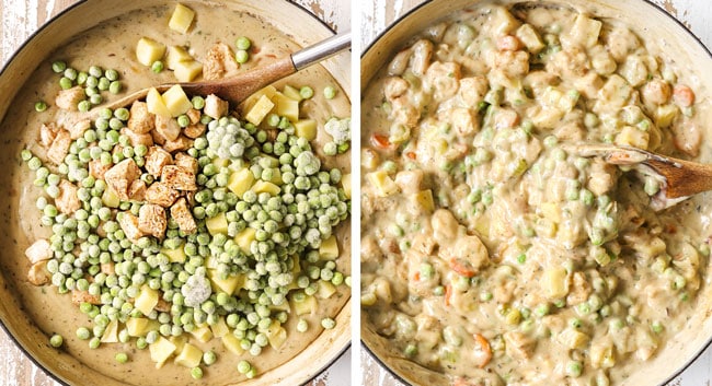 a collage showing how to make chicken pot pie with biscuits by adding chicken and peas then stirring until combined