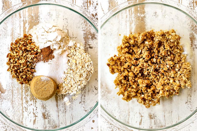 a collage showing how to make pear crisp by adding butter, brown sugar, oats, nuts and brown sugar and mixing until combined