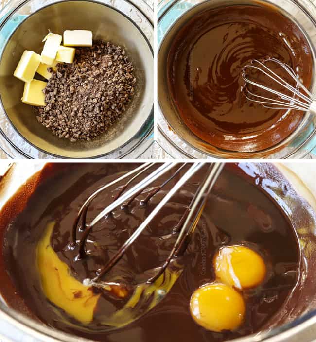a collage showing how to make chocolate mousse cake by 1) adding chopped chocolate and butter to a bowl 2) melting butter and chocolate until smooth 3) adding eggs to melted chocolate mixture