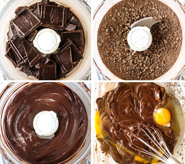 a collage showing how to make chocolate mousse cake recipe by 1) adding chocolate to a food processor 2) processing chocolate until fine pieces, 3) adding heavy cream and processing until smooth, 4) whisking 2 eggs into melted chocolate