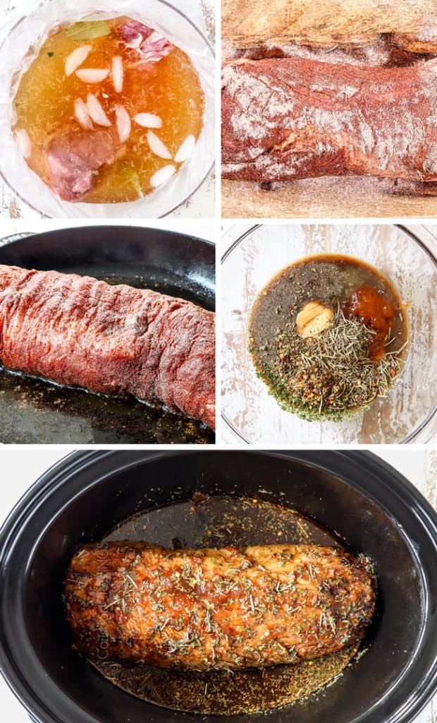 a collage showing how to make pork loin by 1) brining pork loin, 2) seasoning pork loin roast with spice rub,3) searing pork loin, 4) whisking sauce together in a glass bowl, 5) adding pork loin to crockpot with sauce