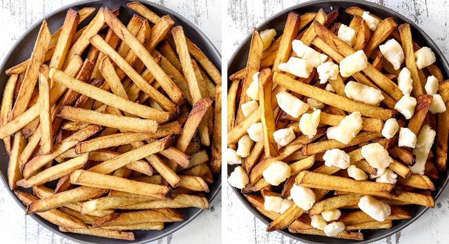 a collage showing how to make poutine recipe by adding fries to a plate then topping with cheese curds