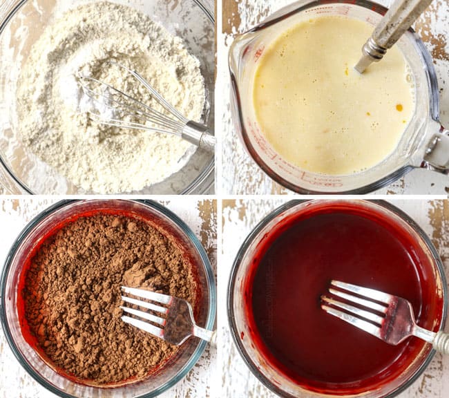 a collage showing how to make red velvet cheesecake by 1) Whisking the flour baking soda, and salt together in a bowl. 2( Whisking the buttermilk, eggs, vinegar and vanilla together in a 2-cup liquid measuring cup. 3) Mixing the cocoa with food coloring in small bowl until a smooth paste forms.