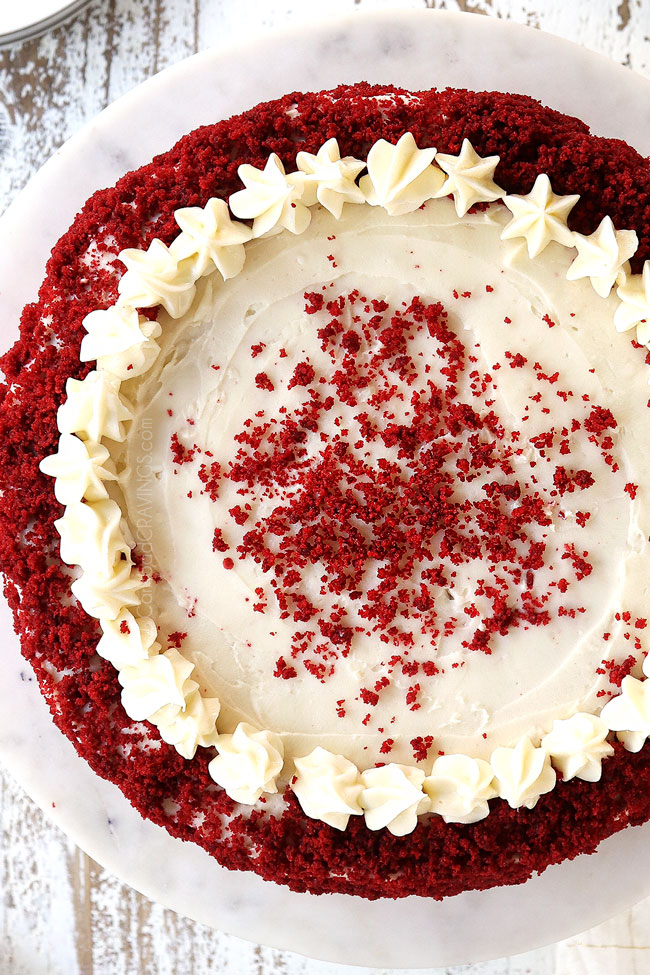 top view of  red velvet cheesecake recipe on a cake pedestal