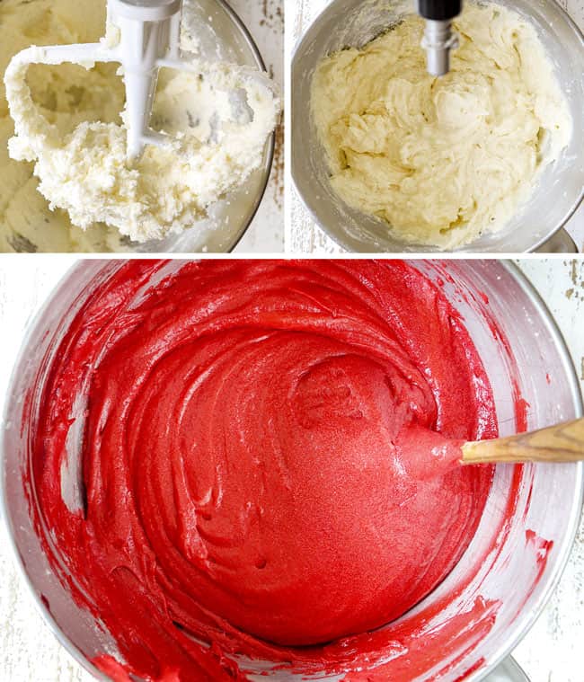 a collage showing how to make red velvet cheesecake by 1) creaming the butter and sugar in an electric mixer until fluffy, 2) adding flour to butter in  thirds alternating with buttermilk, 3) adding cocoa powder and food coloring