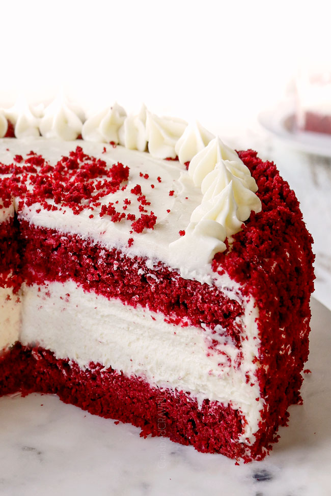 up close of inside of red velvet cheesecake recipe showing the layers