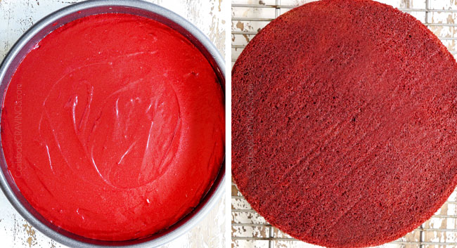 a collage showing how to make red velvet cheesecake by 1) adding batter to a cake pan, 2) baking until set and cooling on a  wire rack