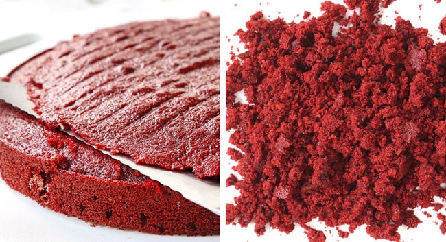 a collage showing how to make red velvet cheesecake by 1) leveling cakes with a serrated knife, 2) crumbling tops of cakes