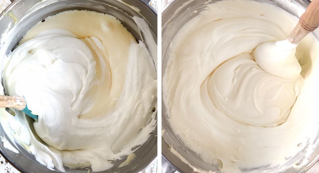 a collage showing how to make red velvet cheesecake by 1) folding heavy cream into cream cheese, 2) folding in white chocolate