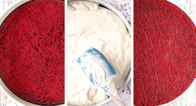 a collage showing how to make red velvet cheesecake by 1) adding cake to bottom of springform pan, 2) topping with cheesecake, 3) topping with cake